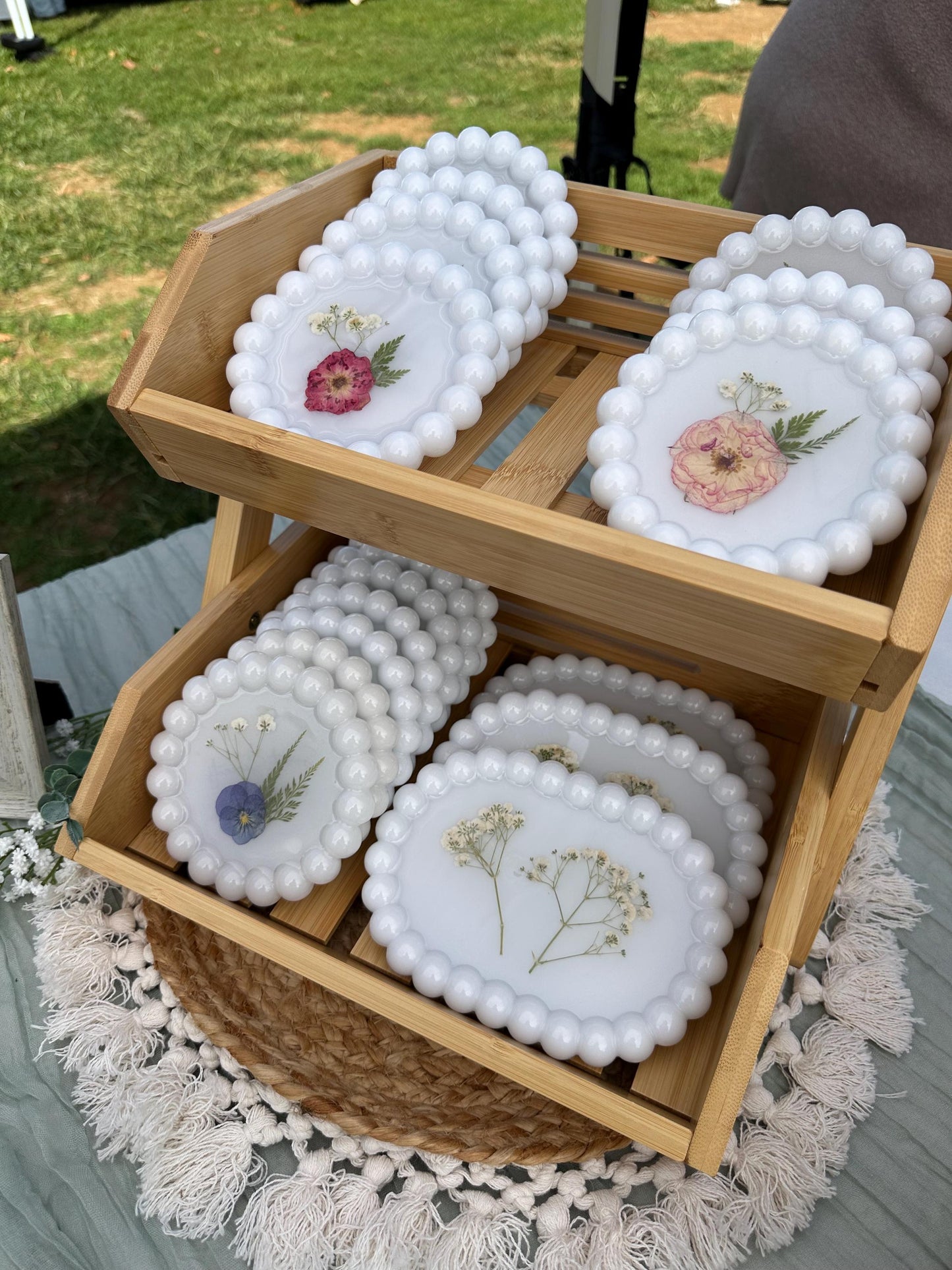 Pressed Rose Flower Resin Coaster: Beaded Edge Jewelry Dish
