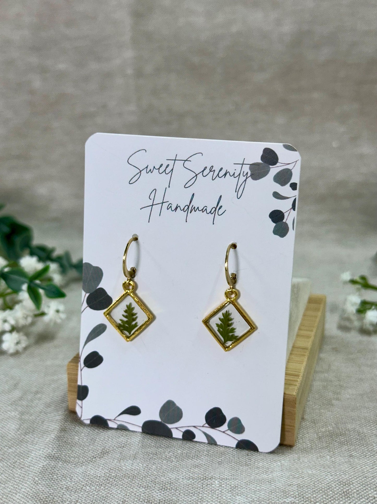 Small Diamond Bezel Fern Handmade Earrings - Minimalist Jewelry - Gold Earrings -   Pressed Flower Jewelry - Stackable Jewelry