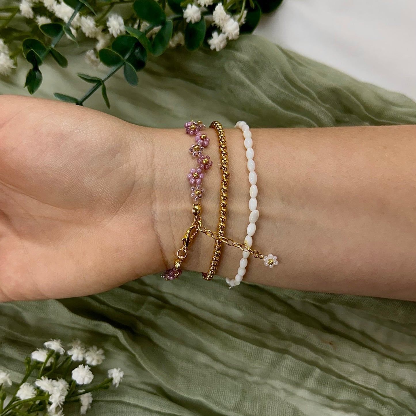 Beaded Flower Bracelet - Plum