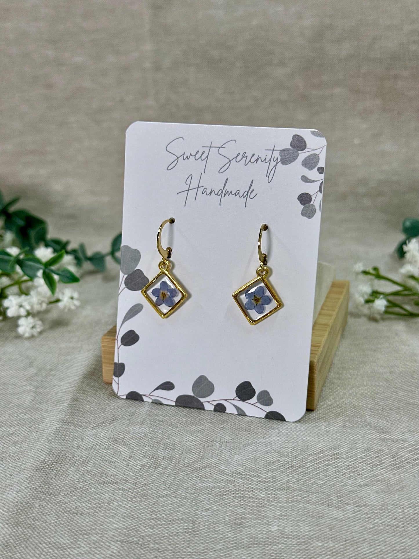 Small Diamond Bezel Forget Me Not Handmade Earrings - Minimalist Jewelry - Gold Earrings -   Pressed Flower Jewelry - Huggies - Stackable