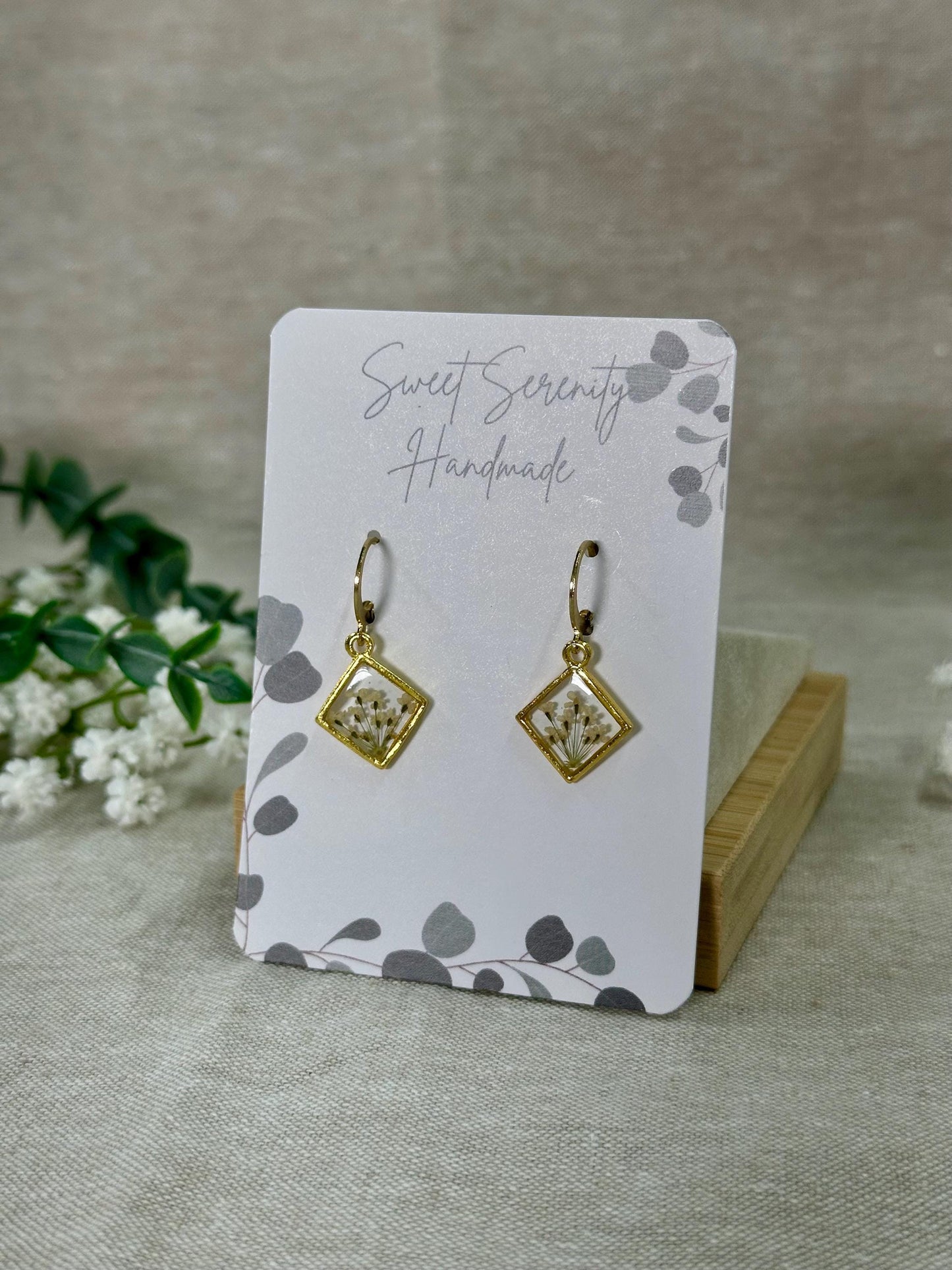 Small Diamond Bezel Lace Handmade Earrings - Minimalist Jewelry - Gold Earrings -   Pressed Flower Jewelry - Stackable Jewelry