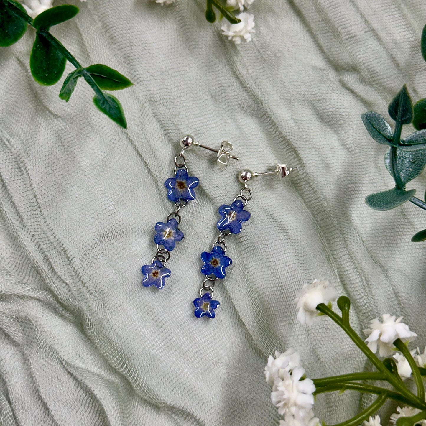 Real Forget Me Not Drop Earrings: 24k Gold or Silver Plated, Pressed Flower Jewelry