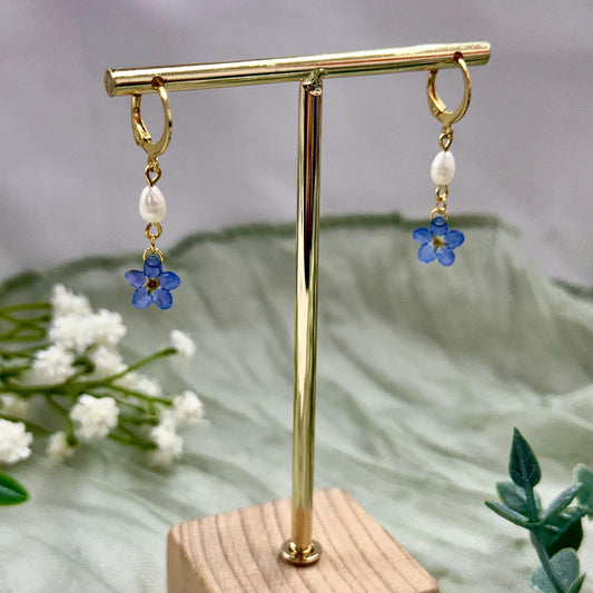 Forget Me Not Flower Dangle Earrings: Gold, Pearl, and Resin