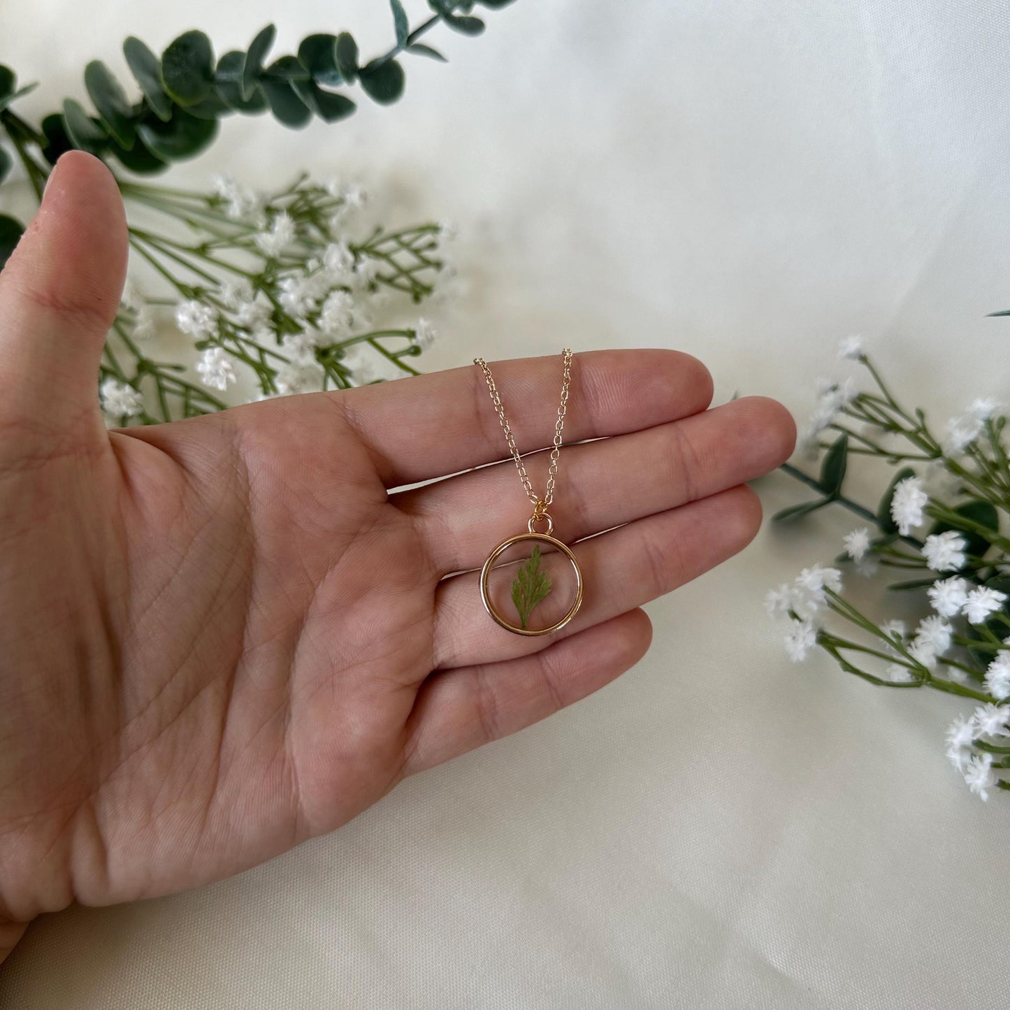 Large Circle Bezel Fern Handmade Necklace - Minimalist Jewelry - Gold Silver Necklace -   Pressed Flower Jewelry - Stackable Jewelry