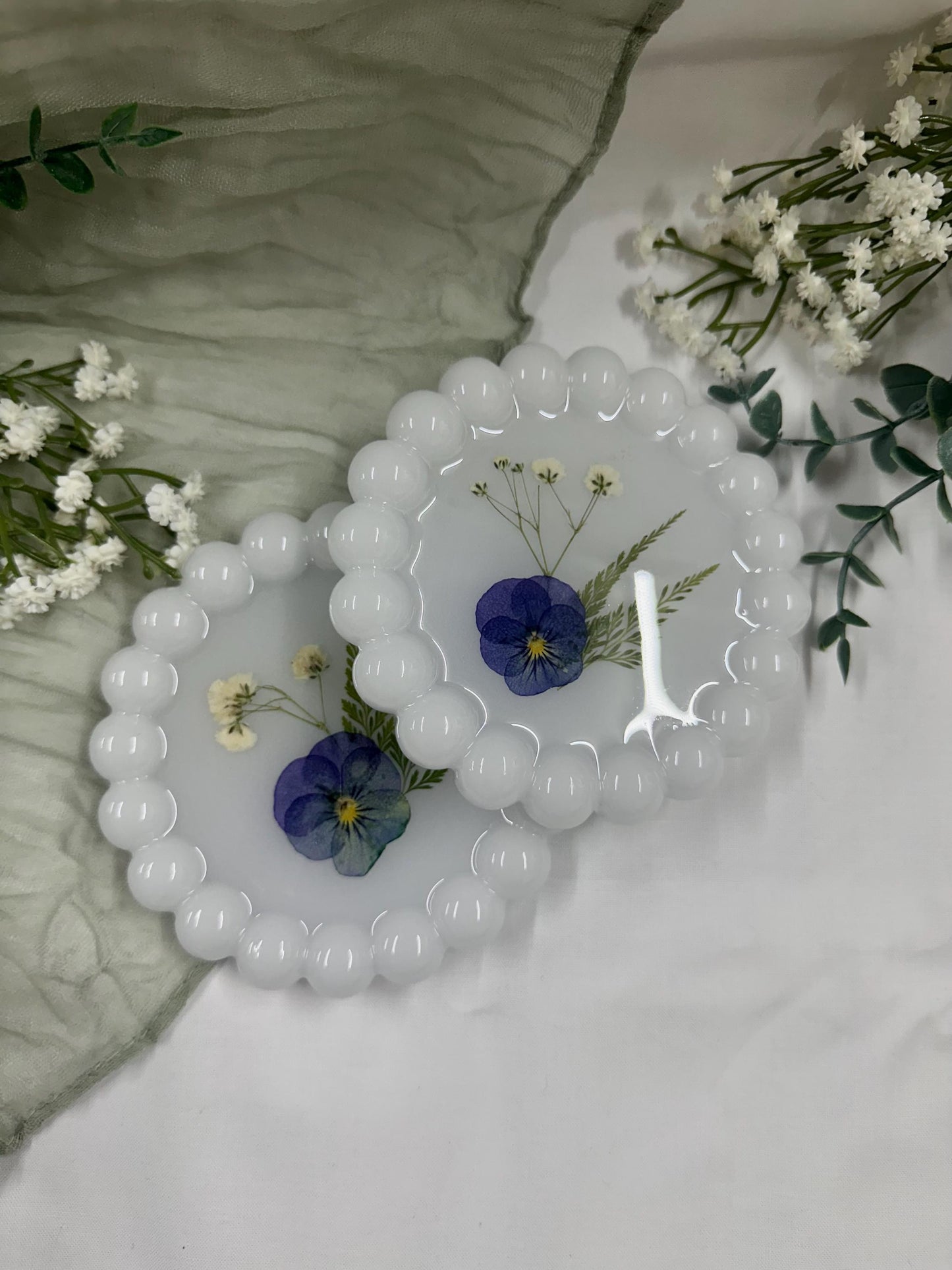 Pressed Pansy Flower Resin Coaster: Beaded Edge Jewelry Dish