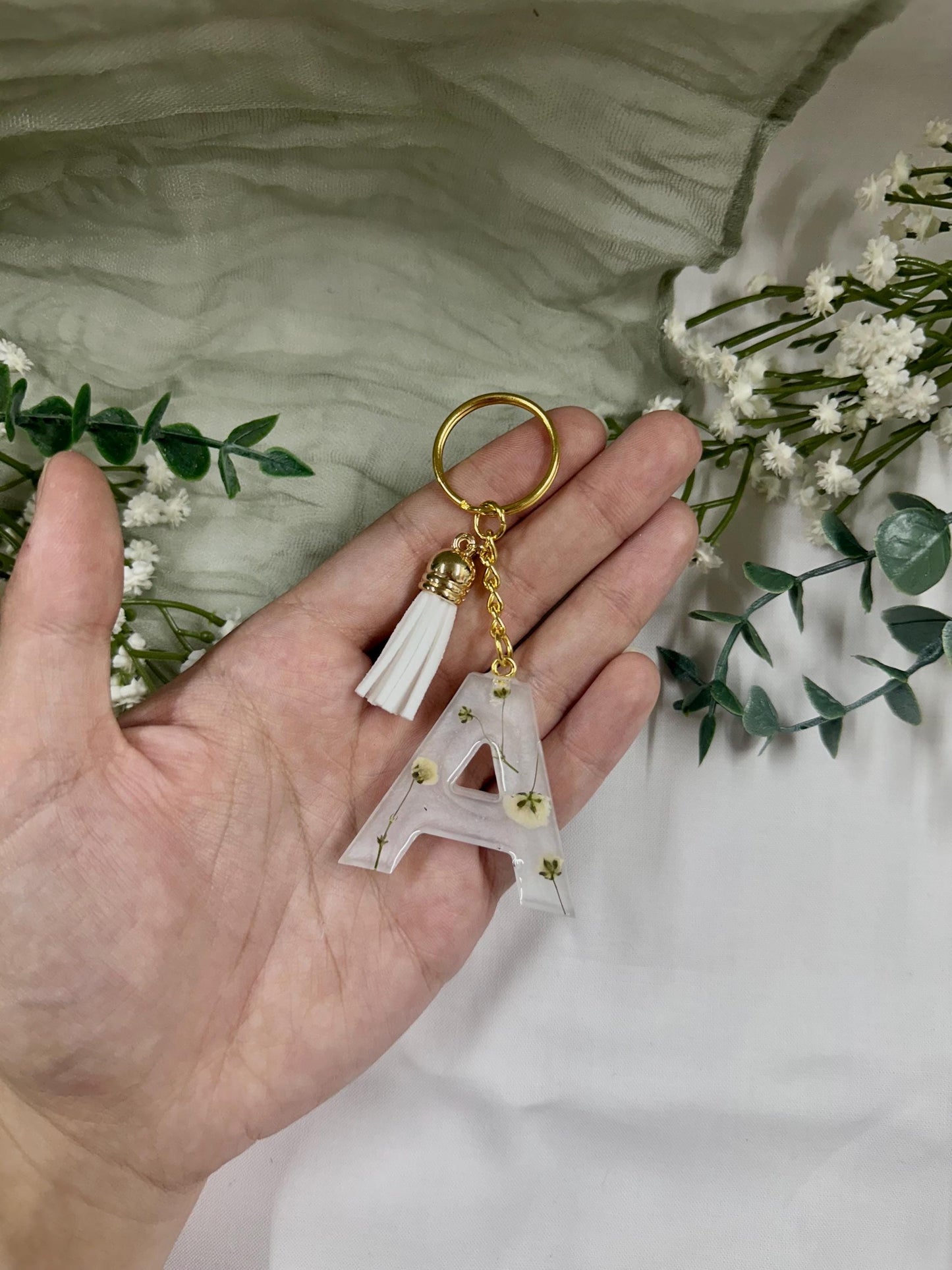 Personalized Resin Letter Keychain: Pressed Baby's Breath Floral Monogram