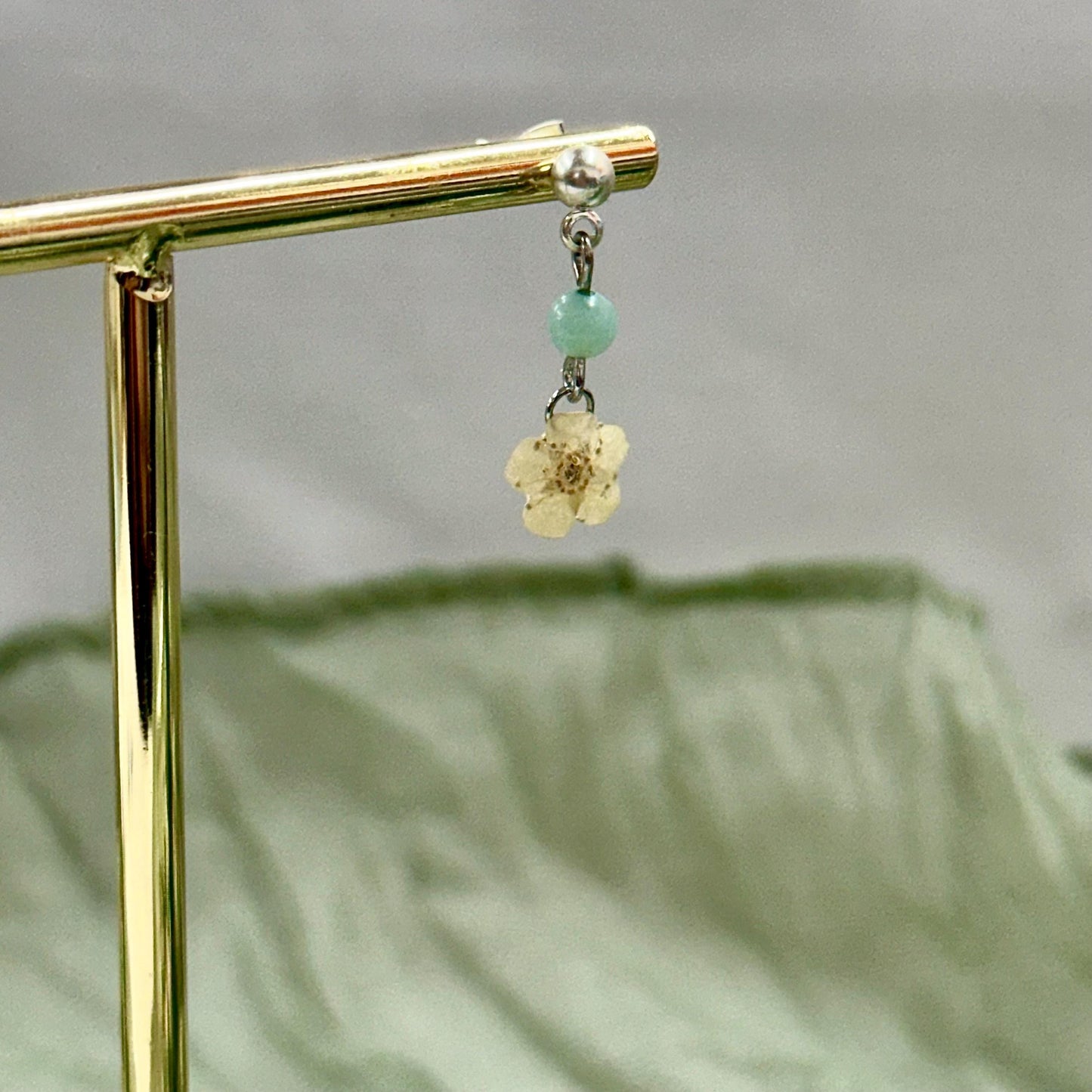 Real Pressed White Flower Earrings: Amazonite Stone, Gold/Silver Plated