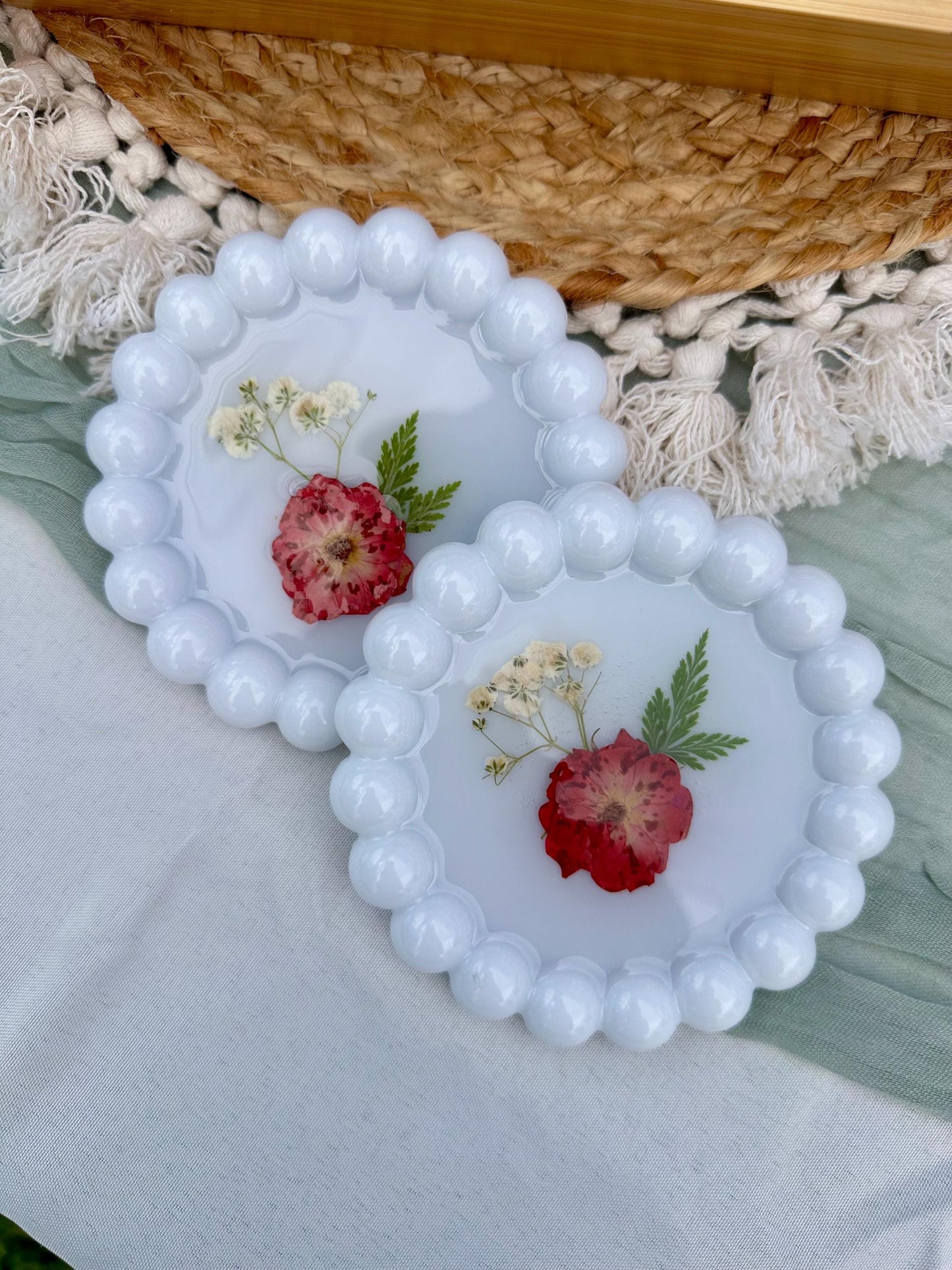 Pressed Rose Flower Resin Coaster: Beaded Edge Jewelry Dish