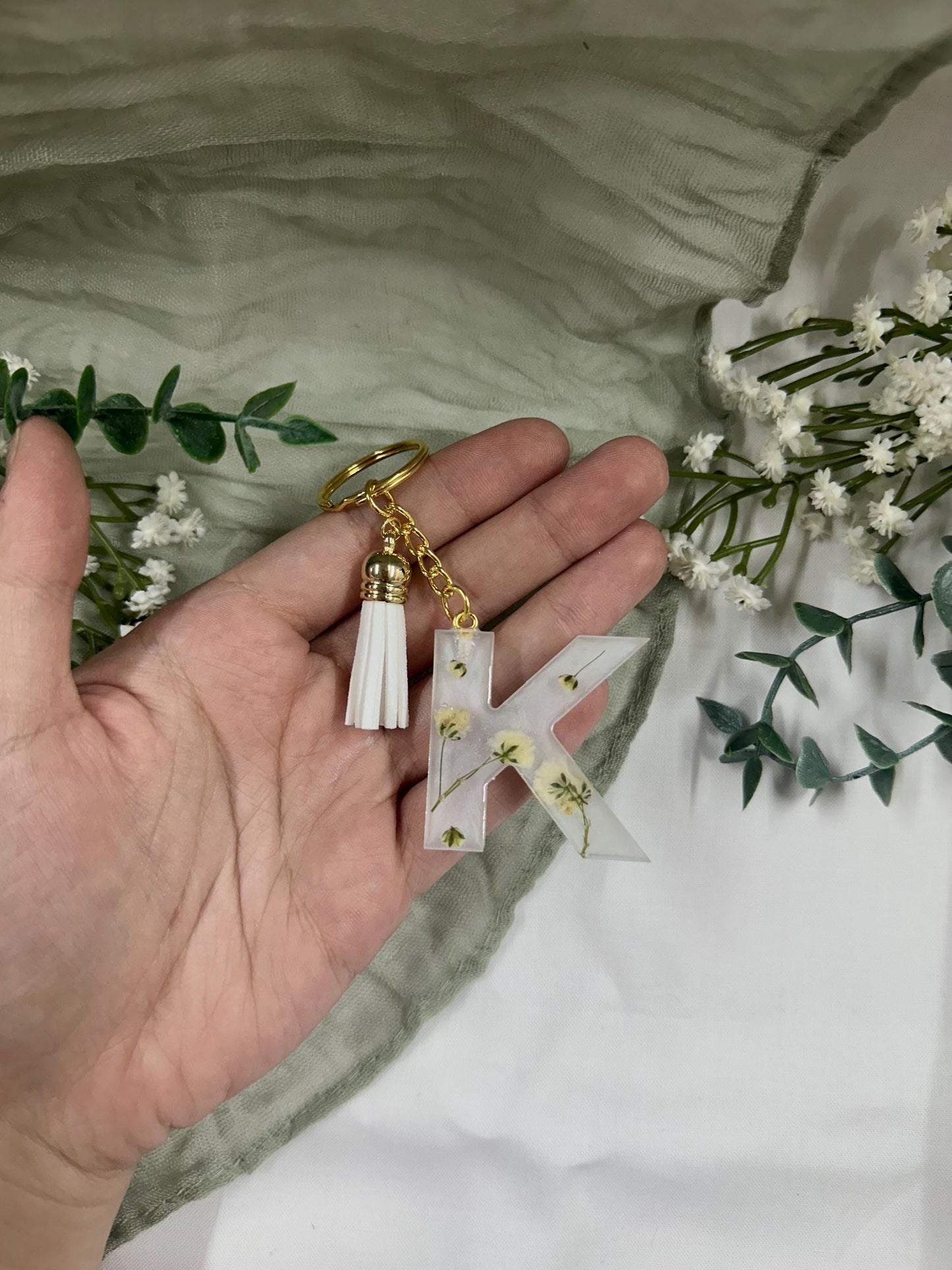 Personalized Resin Letter Keychain: Pressed Baby's Breath Floral Monogram