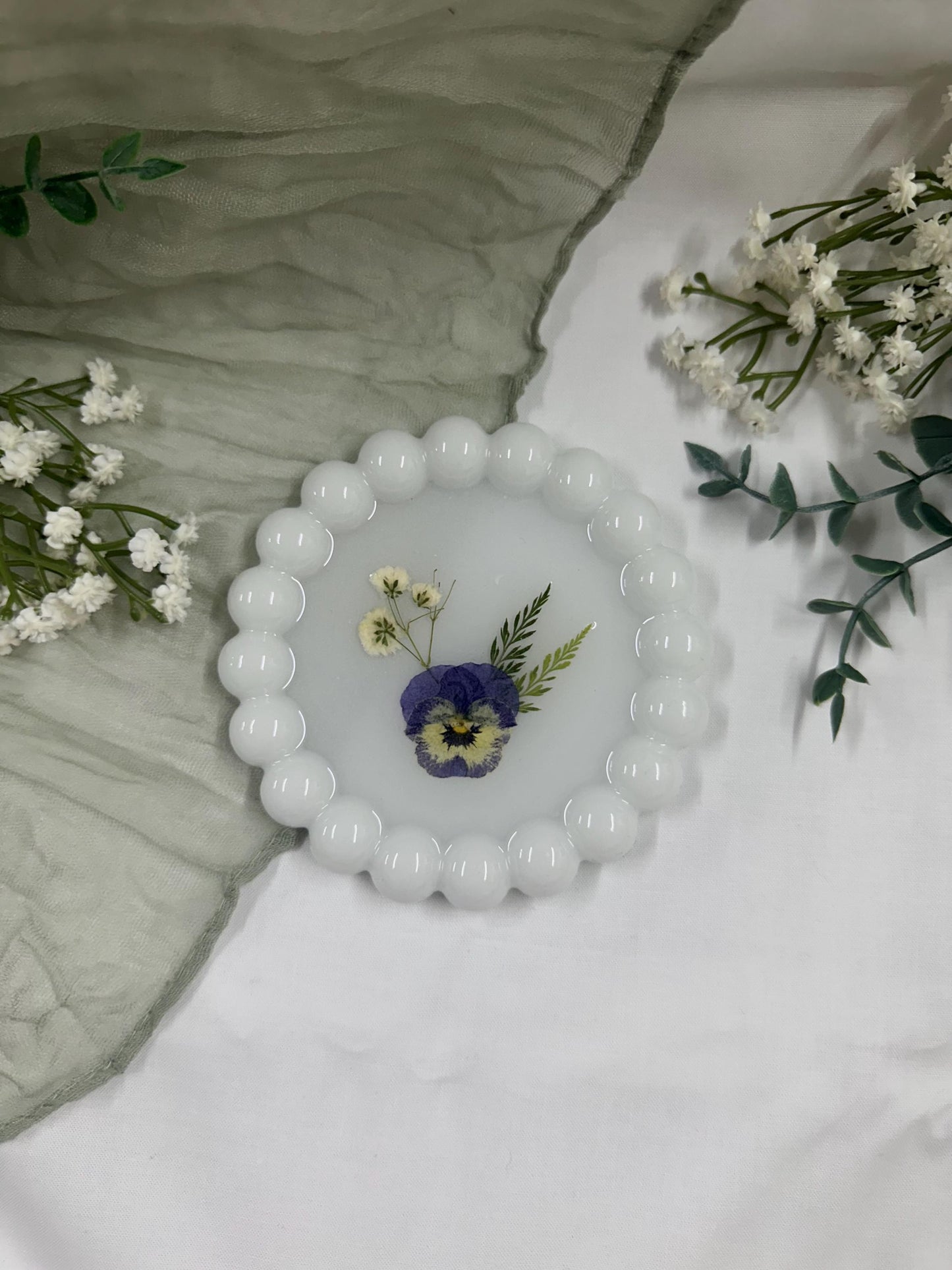 Pressed Pansy Flower Resin Coaster: Beaded Edge Jewelry Dish