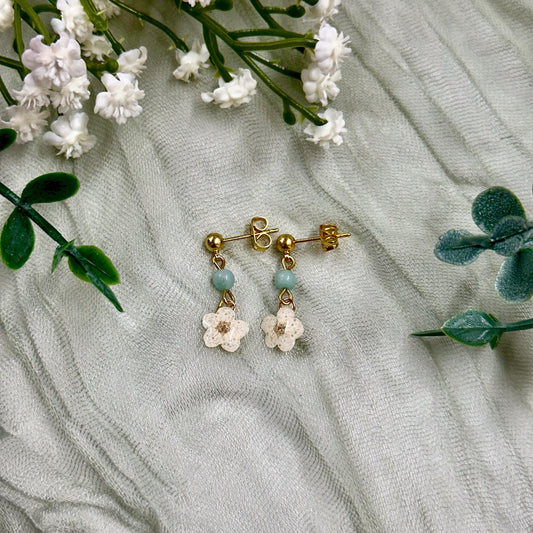 Real Pressed White Flower Earrings: Amazonite Stone, Gold/Silver Plated