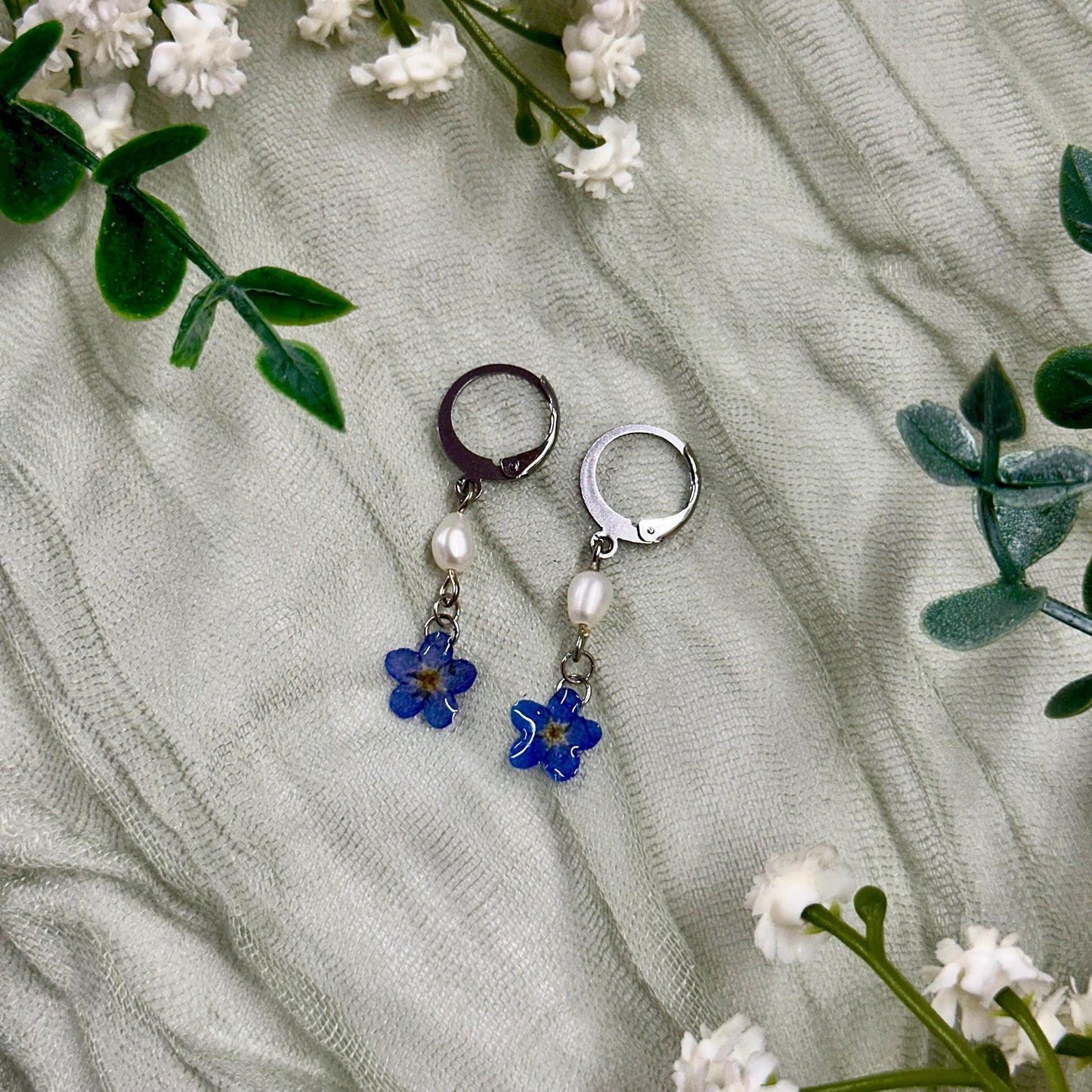 Forget Me Not Flower Dangle Earrings: Gold, Pearl, and Resin