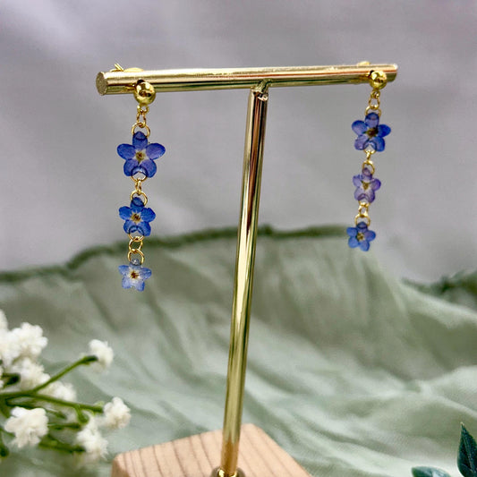 Real Forget Me Not Drop Earrings: 24k Gold or Silver Plated, Pressed Flower Jewelry