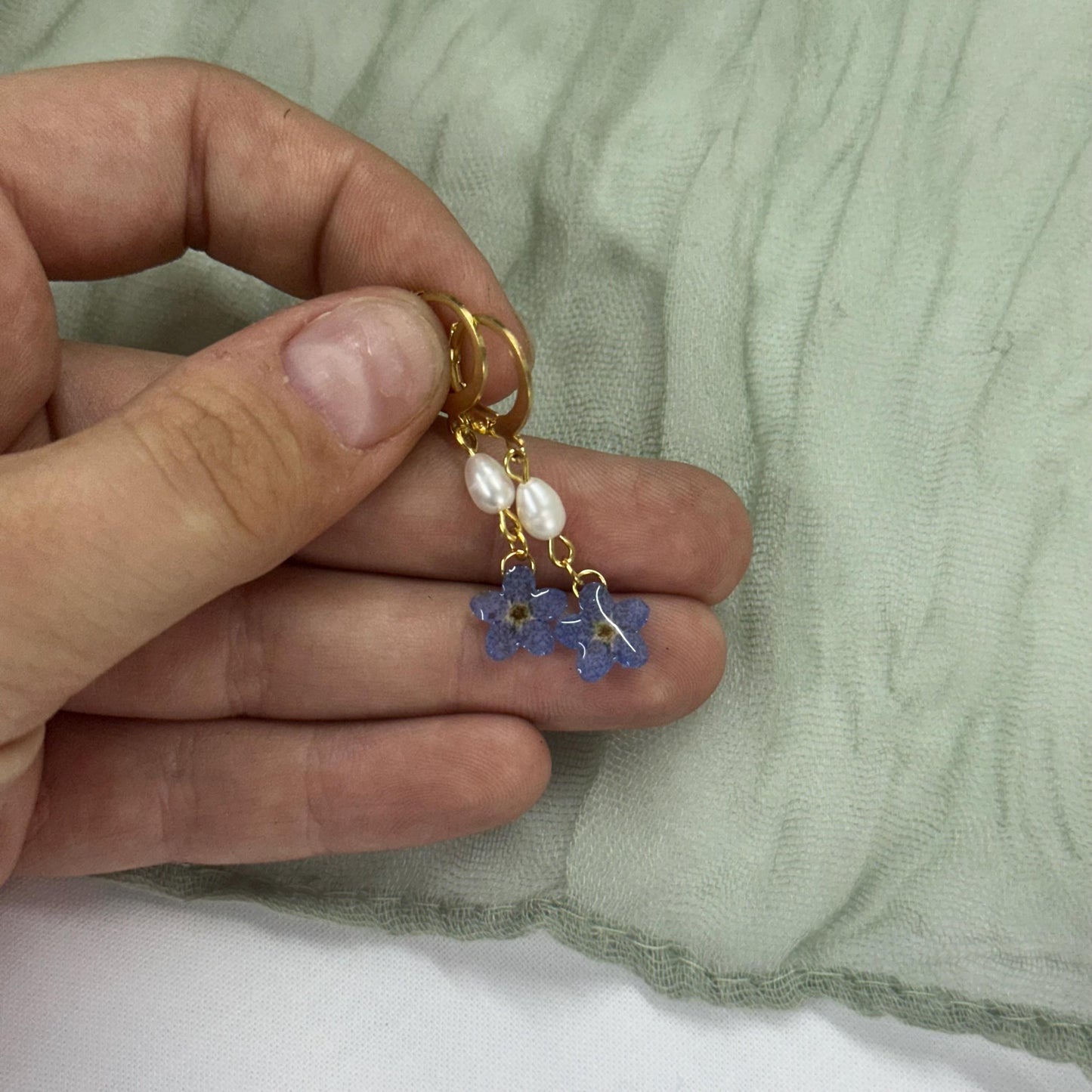 Forget Me Not Flower Dangle Earrings: Gold, Pearl, and Resin