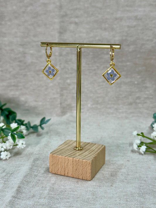 Small Diamond Bezel Forget Me Not Handmade Earrings - Minimalist Jewelry - Gold Earrings -   Pressed Flower Jewelry - Huggies - Stackable