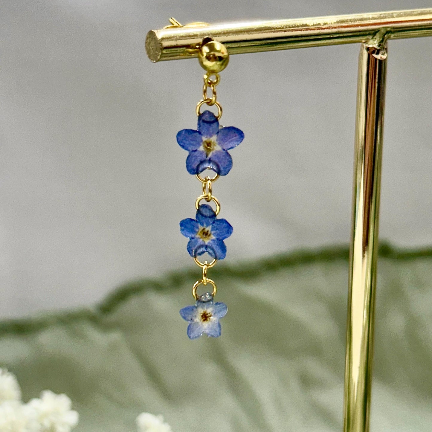Real Forget Me Not Drop Earrings: 24k Gold or Silver Plated, Pressed Flower Jewelry