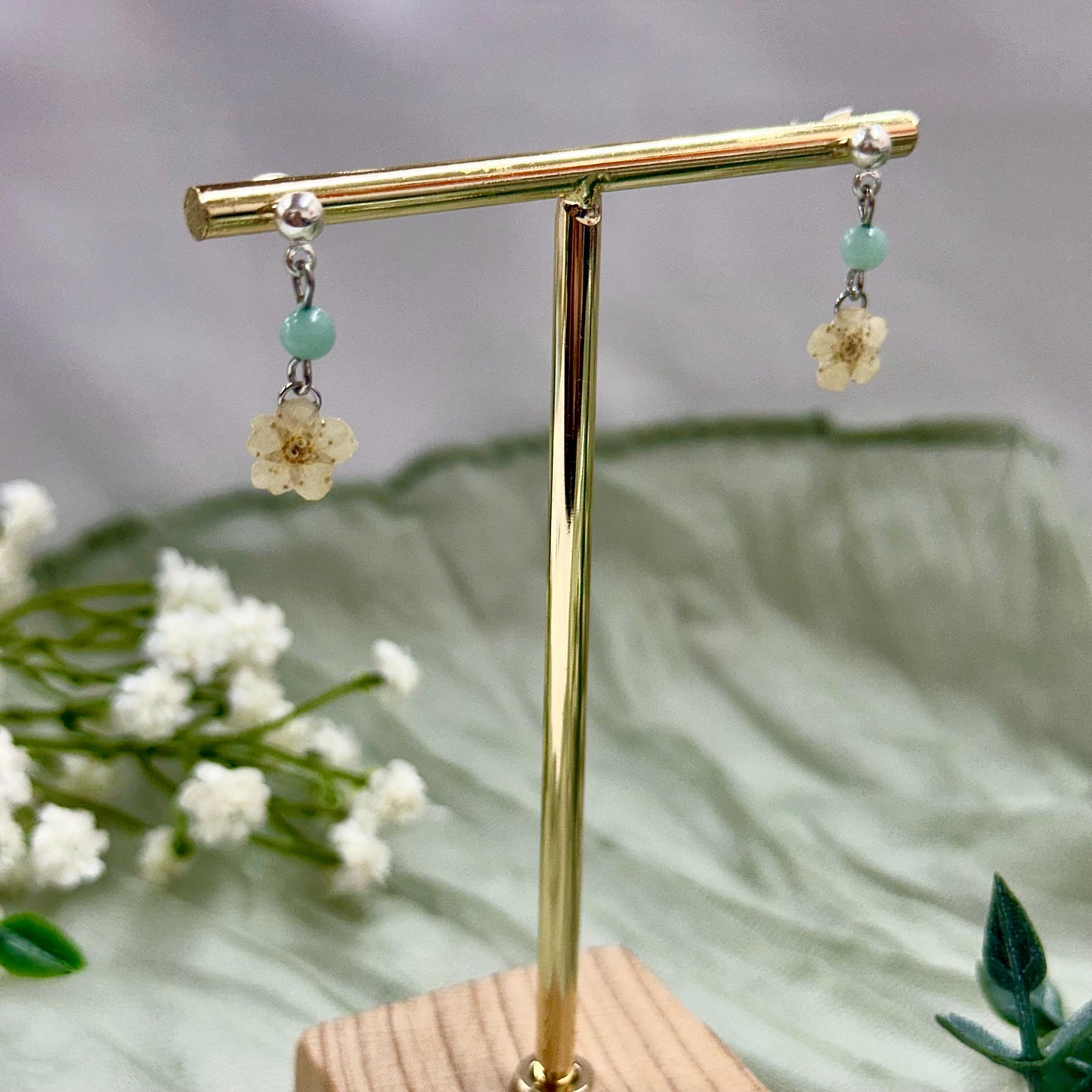 Real Pressed White Flower Earrings: Amazonite Stone, Gold/Silver Plated