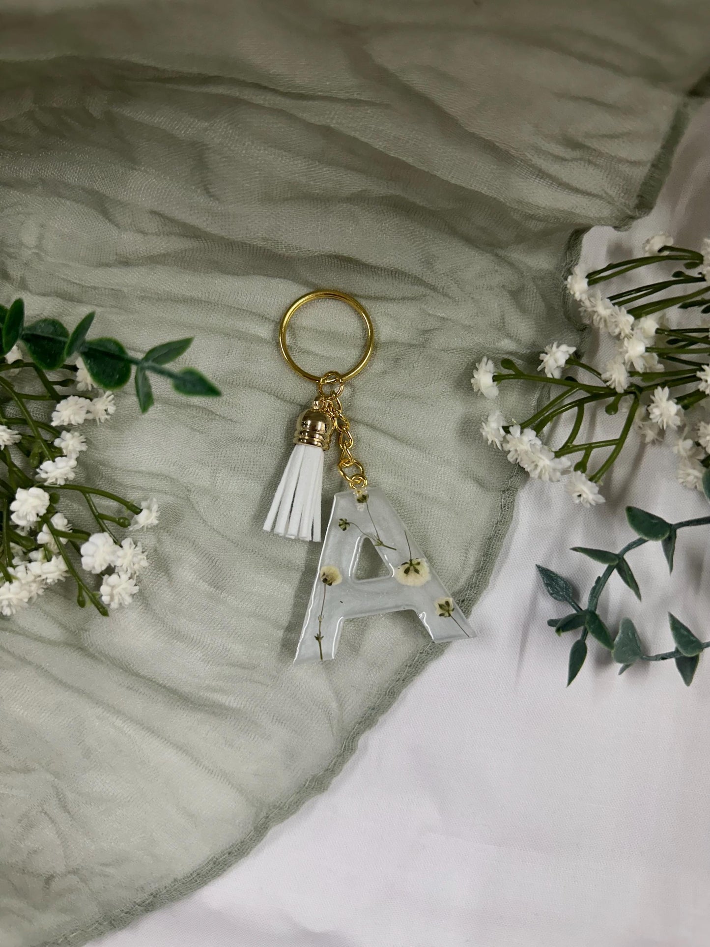 Personalized Resin Letter Keychain: Pressed Baby's Breath Floral Monogram