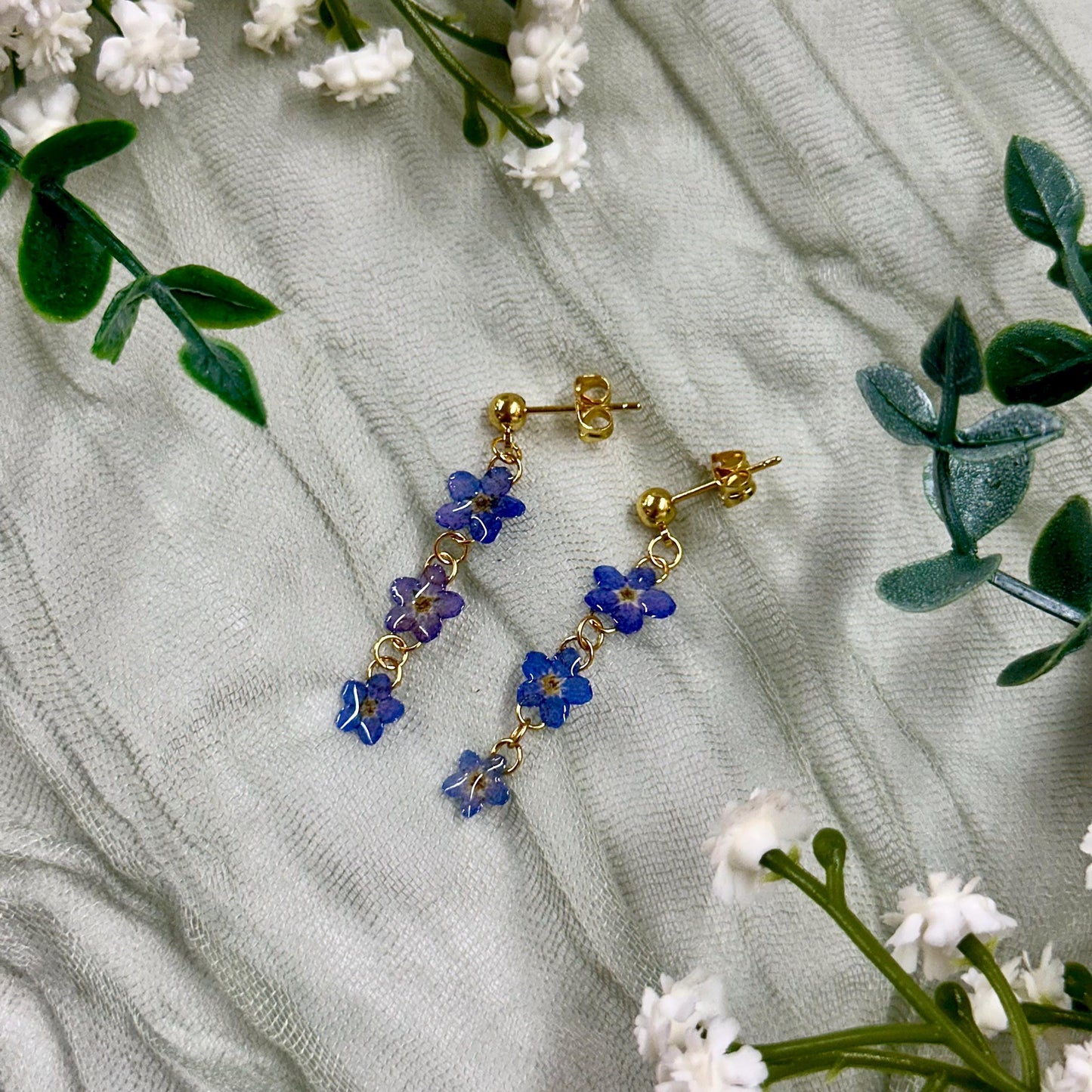 Real Forget Me Not Drop Earrings: 24k Gold or Silver Plated, Pressed Flower Jewelry
