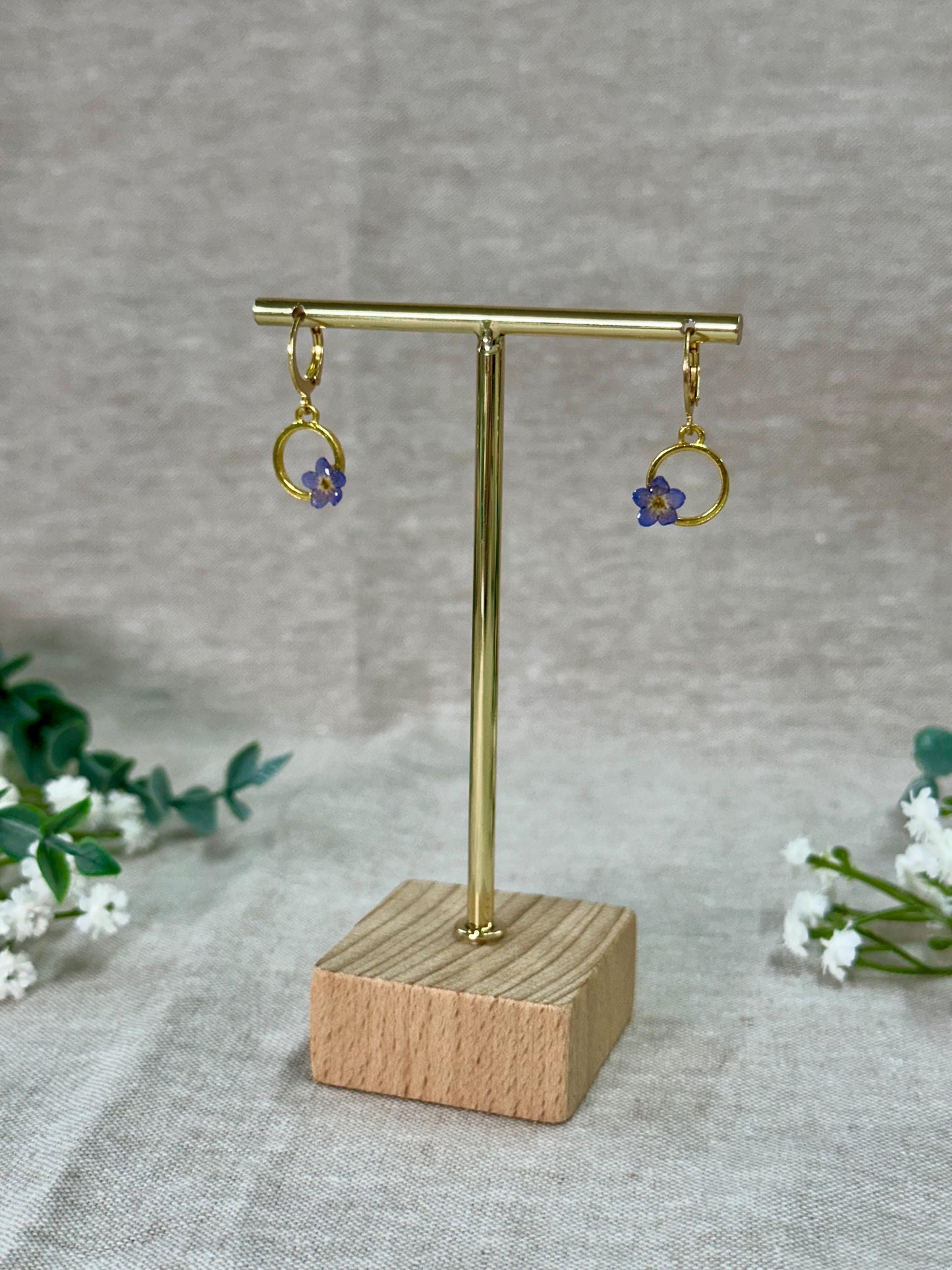 Forget Me Not Flower Hoop Earrings: Gold Resin Botanical Jewelry