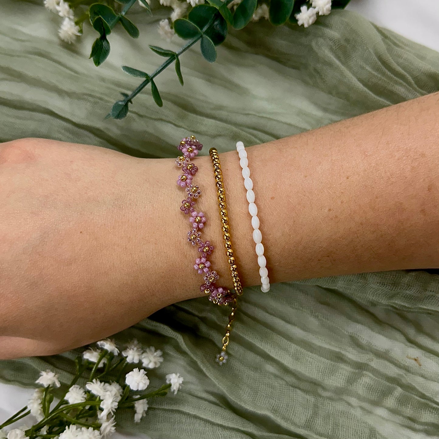 Beaded Flower Bracelet - Plum
