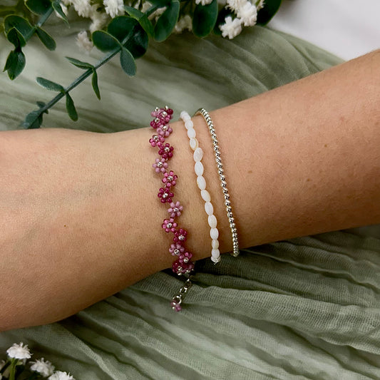 Beaded Flower Bracelet - Raspberry