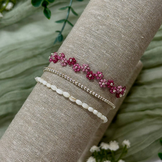 Beaded Flower Bracelet - Raspberry