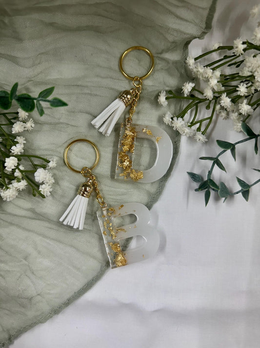 Personalized Resin Letter Keychain: Pearl & Gold Flake Monogram Bag Charm
