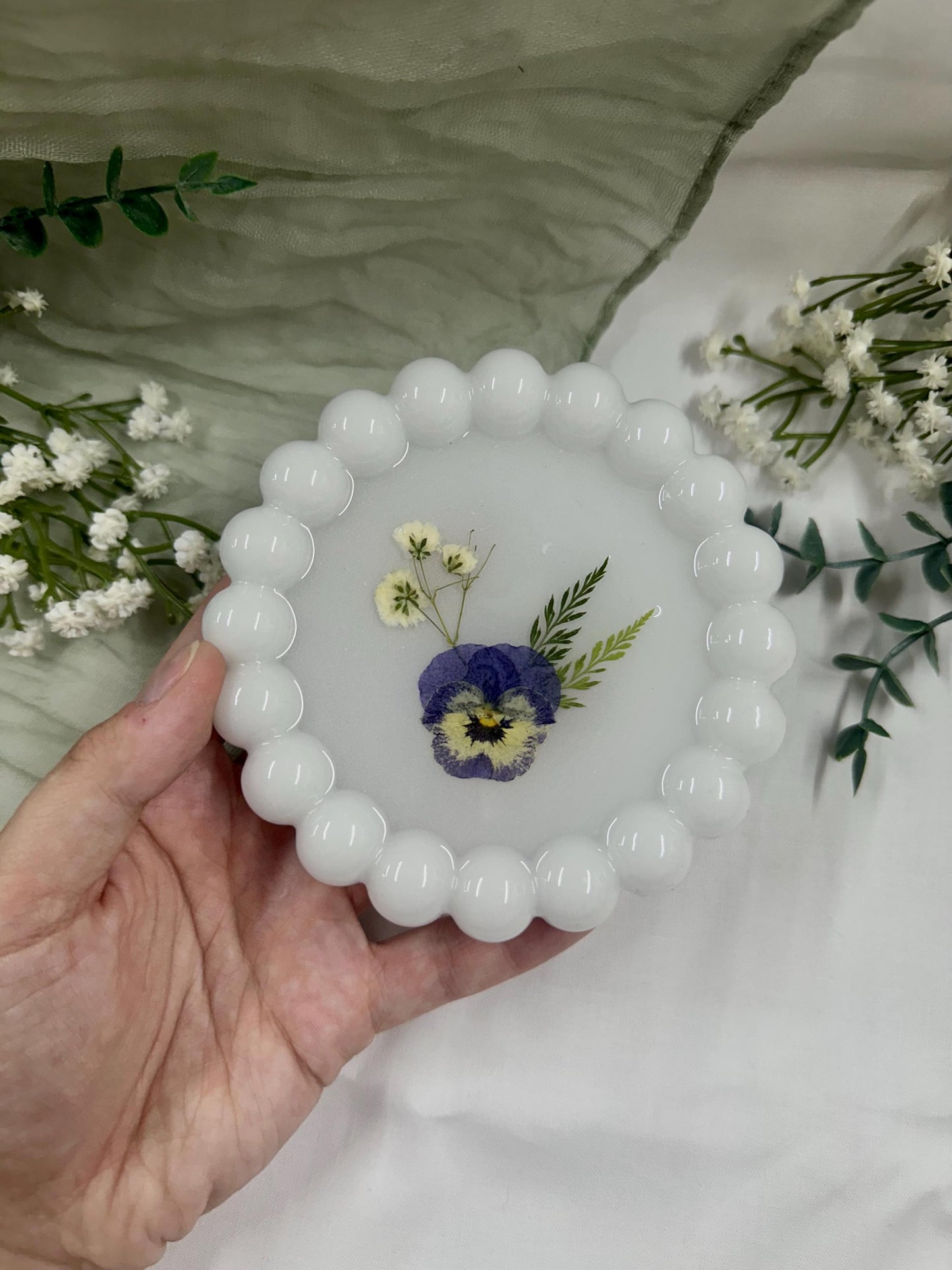 Pressed Pansy Flower Resin Coaster: Beaded Edge Jewelry Dish