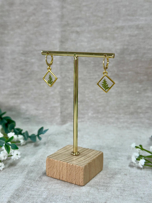Small Diamond Bezel Fern Handmade Earrings - Minimalist Jewelry - Gold Earrings -   Pressed Flower Jewelry - Stackable Jewelry