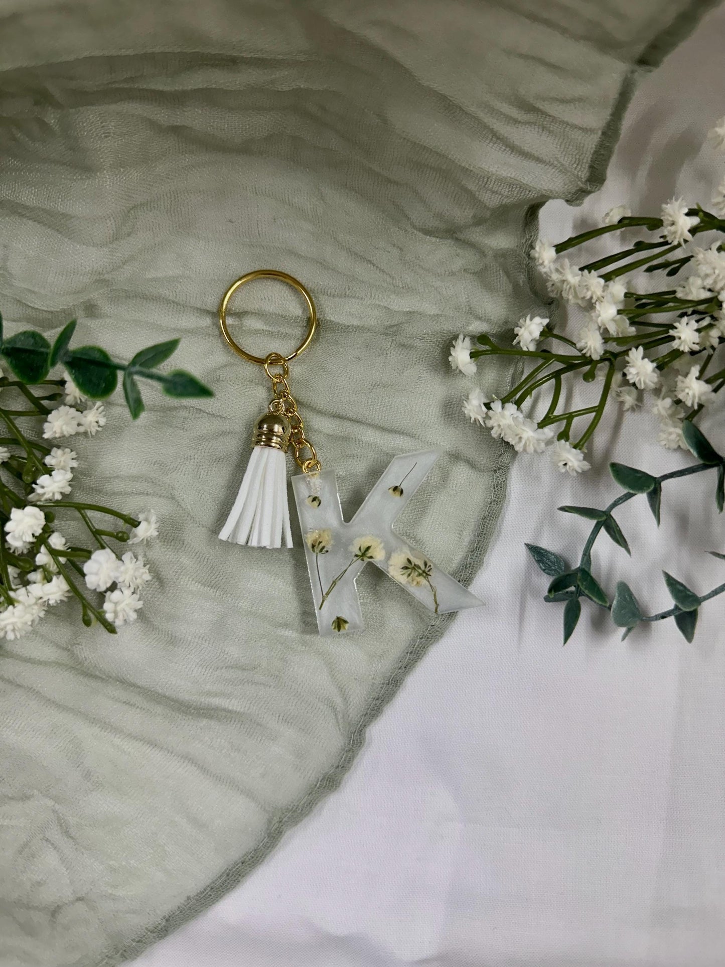 Personalized Resin Letter Keychain: Pressed Baby's Breath Floral Monogram