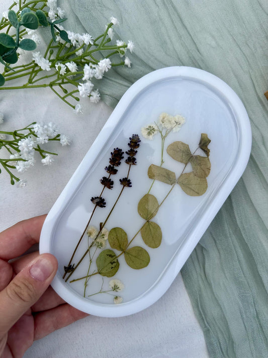 Pressed Flower Resin Jewelry Tray: Oval Trinket Dish, Botanical Decor
