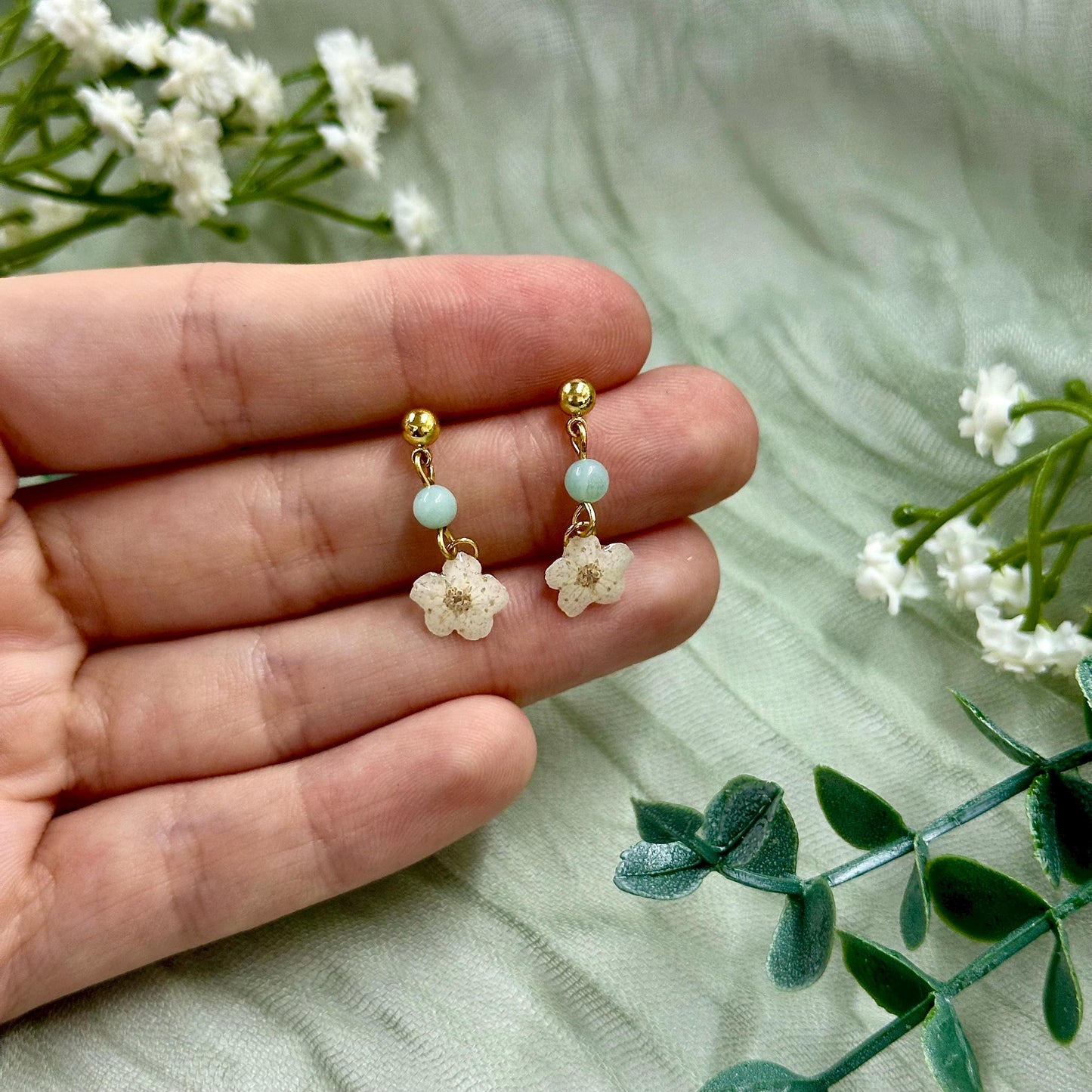 Real Pressed White Flower Earrings: Amazonite Stone, Gold/Silver Plated