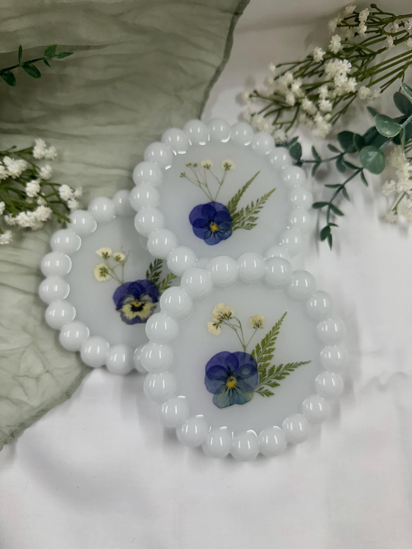 Pressed Pansy Flower Resin Coaster: Beaded Edge Jewelry Dish