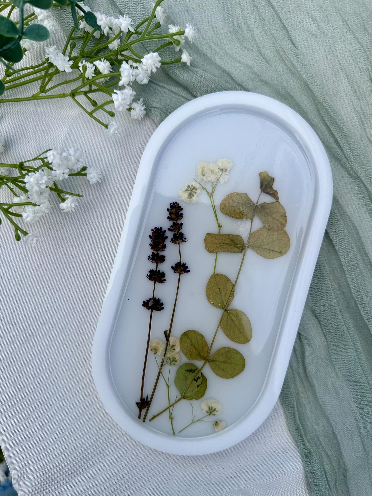 Pressed Flower Resin Jewelry Tray: Oval Trinket Dish, Botanical Decor