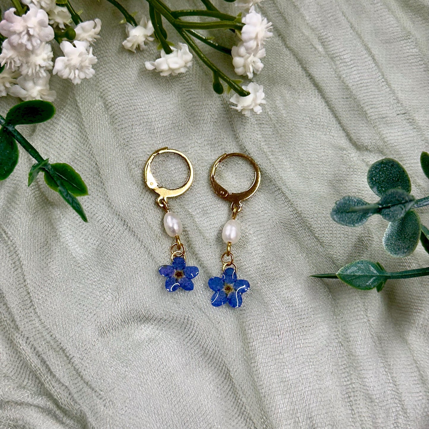 Forget Me Not Flower Dangle Earrings: Gold, Pearl, and Resin