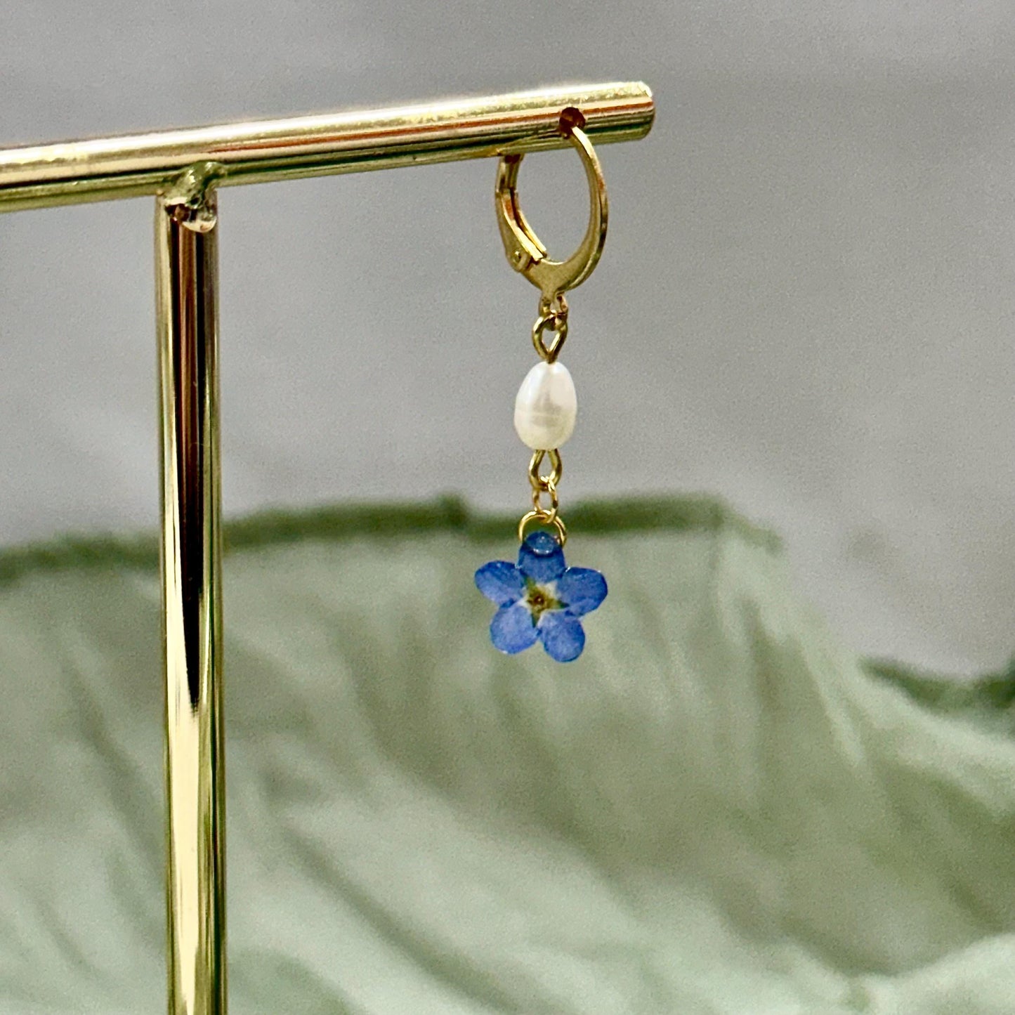 Forget Me Not Flower Dangle Earrings: Gold, Pearl, and Resin