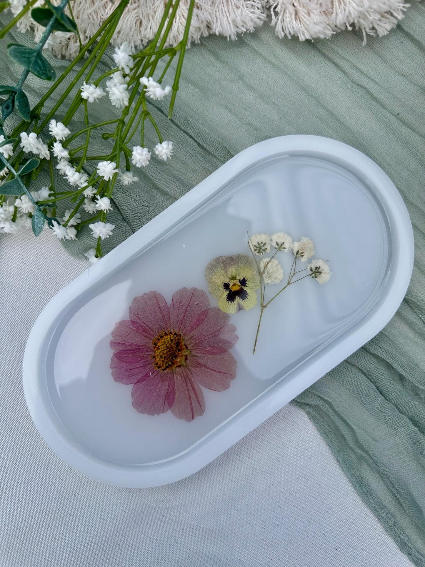 Pressed Flower Resin Tray: Oval Trinket Dish, Botanical Decor
