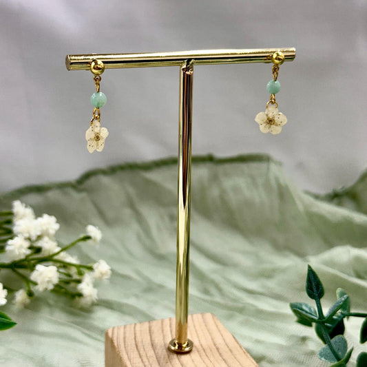 Real Pressed White Flower Earrings: Amazonite Stone, Gold/Silver Plated