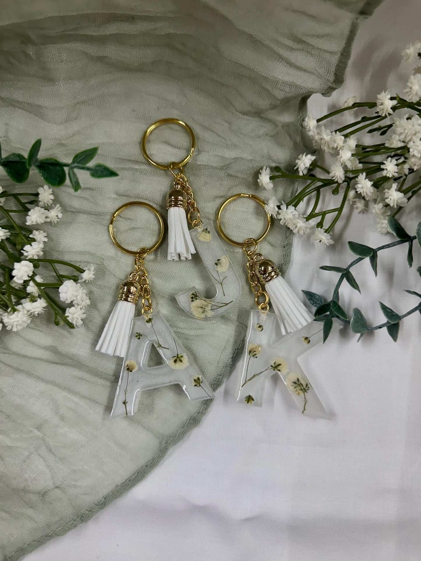 Personalized Resin Letter Keychain: Pressed Baby's Breath Floral Monogram