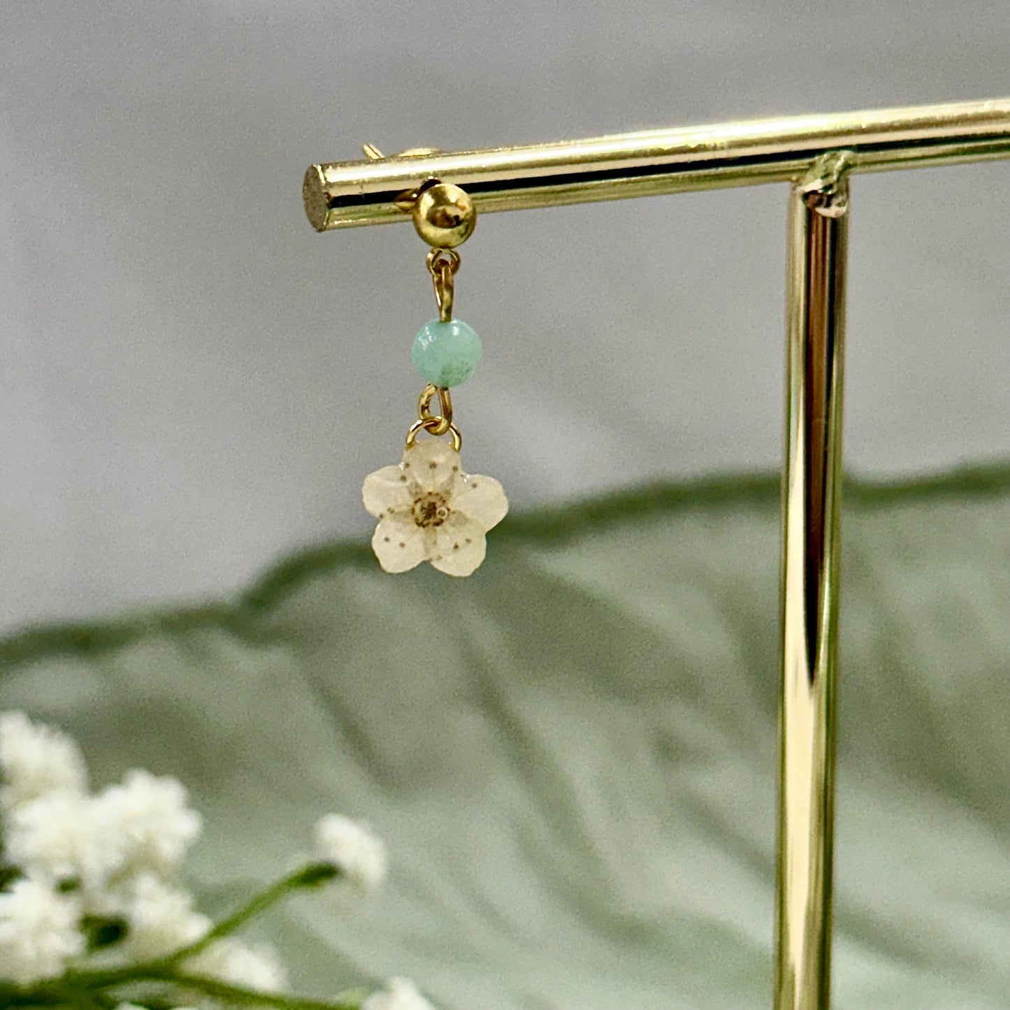 Real Pressed White Flower Earrings: Amazonite Stone, Gold/Silver Plated